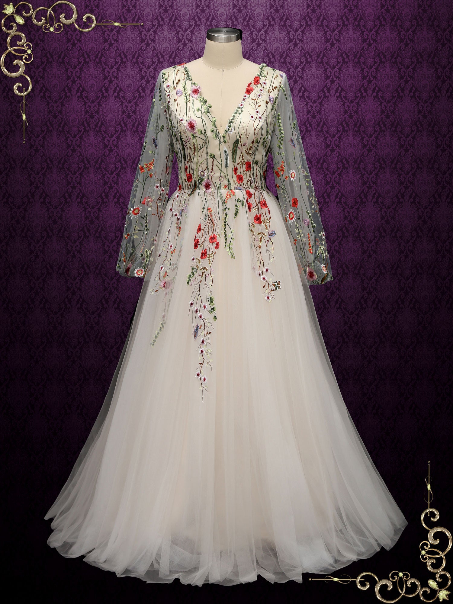 Colored Floral Lace Wedding Dress with ...